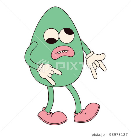 Groovy hippie Happy Easter character. Easter egg in trendy retro 60s 70s cartoon style. 98973127