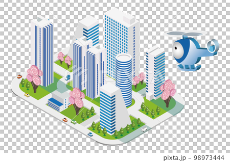 3d illustration. Beautiful spring cityscape and scenery of life with cherry blossoms 98973444