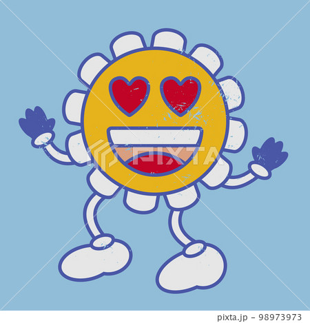 Heart eyes retro flower chamomile emoji smile. Vintage naive emoticon. 98973973