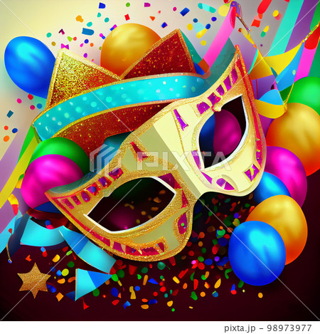 Carnival background with mask, serpentine and confetti. Happy Purim realistic festive party composition 98973977