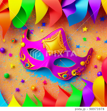 Carnival background with mask, serpentine and confetti. Happy Purim realistic festive party composition 98973978