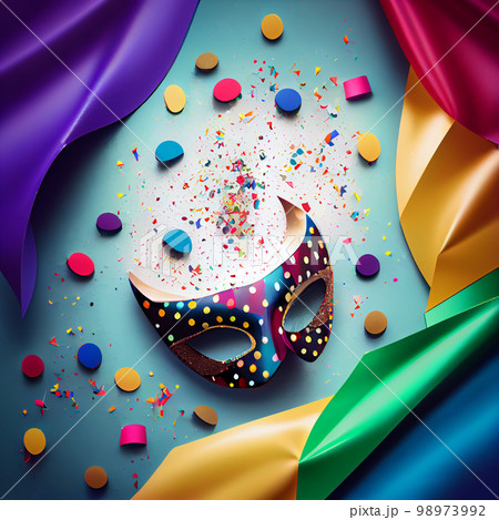 Carnival background with mask, serpentine and confetti. Happy Purim realistic festive party composition 98973992