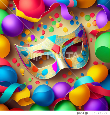 Carnival background with mask, serpentine and confetti. Happy Purim realistic festive party composition 98973999