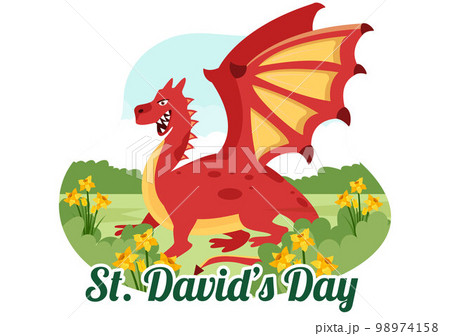 Happy St David's Day on March 1 Illustration with Welsh Dragons and Yellow Daffodils for Landing Page in Flat Cartoon Hand Drawn Templates Happy St David's Day on March 1 Illustration with Welsh Dragons and Yellow Daffodils for Landing Page in Flat Cartoon Hand Drawn Templates 98974158