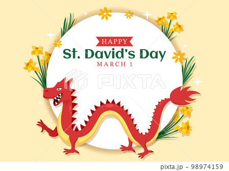 Happy St David's Day on March 1 Illustration with Welsh Dragons and Yellow Daffodils for Landing Page in Flat Cartoon Hand Drawn Templates 98974159