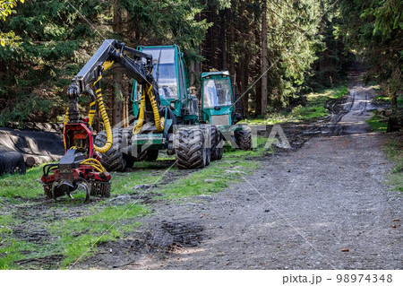 Wheeled harvester for tree harvesting in forest. 98974348