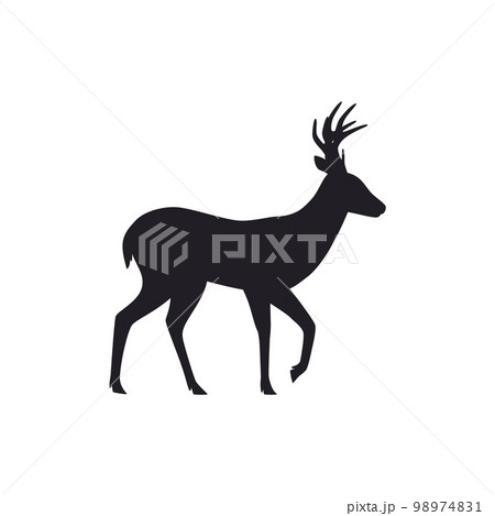 Deer with antler walking, black silhouette flat vector illustration isolated on white background. 98974831