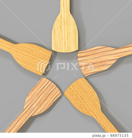 Wooden kitchen spatulas for cooking food isolated on gray background 3d render. Realistic set of empty natural bamboo culinary tools, wood kitchenware, utensil for home or restaurant Wooden kitchen spatulas for cooking food isolated on gray background 3d render. Realistic set of empty natural bamboo culinary tools, wood kitchenware, utensil for home or restaurant 98975135