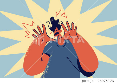 Terrified man make hand gesture  98975173