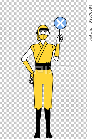 不正解を示すバツの棒を持つ忍者のコスプレをした女性 98976099