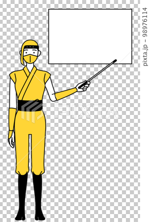 ホワイトボードを指示棒で指す忍者のコスプレをした女性 98976114