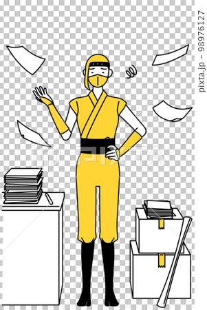 A woman in a ninja costume who is fed up with messy work A woman in a ninja costume who is fed up with messy work 98976127