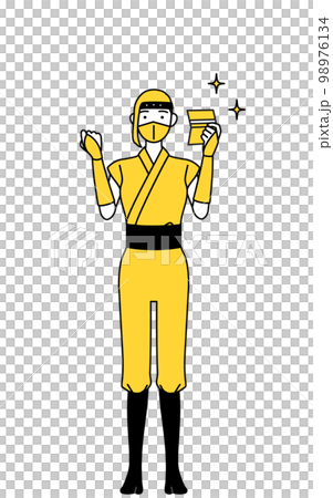 A woman in a ninja costume who is happy to see her bankbook 98976134