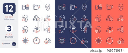 Set of Wind energy, Celsius thermometer and International globe line icons. Include Coronavirus pills, Time, Face accepted icons. Instruction info, Face biometrics, Freezing web elements. Vector 98976934