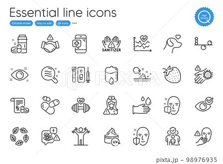 Capsule pill, Cardio training and Face attention line icons. Collection of Uv protection, Stress, Health eye icons. Medical phone, Family insurance, Blood and saliva test web elements. Vector 98976935