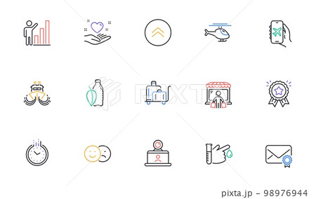 Graph chart, Swipe up and Ship line icons for website, printing. Collection of Market buyer, Water bottle, Video conference icons. Helicopter, Loyalty award, Hold heart web elements. Vector Graph chart, Swipe up and Ship line icons for website, printing. Collection of Market buyer, Water bottle, Video conference icons. Helicopter, Loyalty award, Hold heart web elements. Vector 98976944