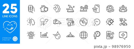 Outline icons set. Globe, Cloakroom and Engineering team icons. Pyramid chart, World weather, Home insurance web elements. Waiting, Truck parking, Honeymoon travel signs. Yummy smile. Vector 98976950