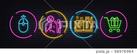 Swipe up, Discount and Recipe book minimal line icons. Neon laser 3d lights. Shopping cart icons. For web, application, printing. Scrolling page, Sale shopping, Food. Gift box. Vector Swipe up, Discount and Recipe book minimal line icons. Neon laser 3d lights. Shopping cart icons. For web, application, printing. Scrolling page, Sale shopping, Food. Gift box. Vector 98976964