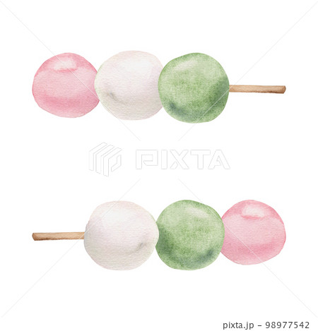 Watercolor hand drawn traditional Japanese sweets. Three color dango, pink, white and green. Isolated on white background. Design for invitations, restaurant menu, greeting cards, print, textile 98977542