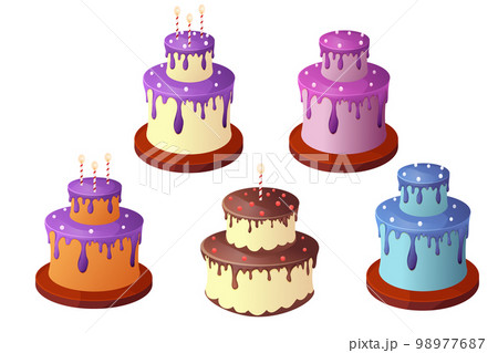 Set birthday cakes with cream, drip, candles, collection anniversary deserts in cartoon style isolated on white background 98977687