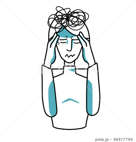 Stressed woman character, emotion of anxiety. Stressful mood of a female, worried maid with tension, under stress. Closed eyes, holding hands on a head. 98977799