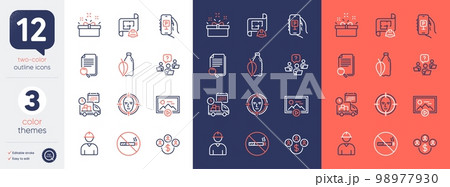 Set of Engineer, Engineering plan and Search file line icons. Include Start presentation, Teamwork question, No smoking icons. Water bottle, Parking app, Face detect web elements. Vector 98977930