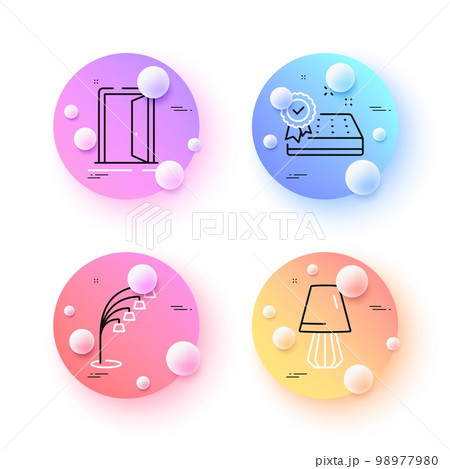 Mattress guarantee, Table lamp and Open door minimal line icons. 3d spheres or balls buttons. Floor lamp icons. For web, application, printing. Sleeping pad, Entrance. Vector 98977980