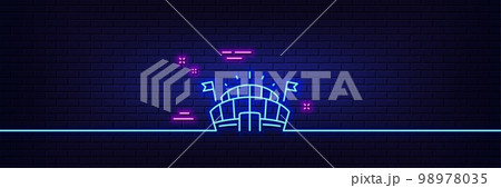 Neon light glow effect. Sports arena line icon. Stadium with flags sign. Sport complex symbol. 3d line neon glow icon. Brick wall banner. Sports arena outline. Vector 98978035
