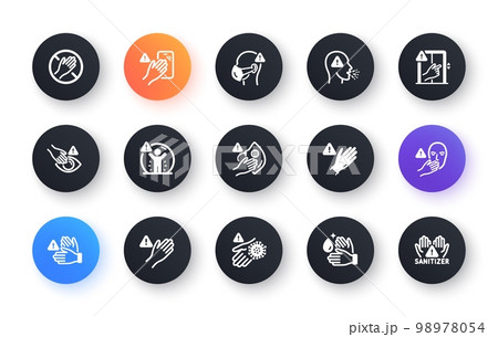 Touch warning icons. Stop touch face, eyes and medical mask. Covid cough symptoms, wash and disinfect hands icons. Do not press lift buttons, protect face with medical mask. Circle web buttons. Vector 98978054