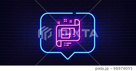 Neon light speech bubble. Architectural plan line icon. Technical project sign. Neon light background. Architectural plan glow line. Brick wall banner. Vector 98978055