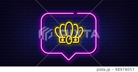 Neon light speech bubble. Crown line icon. King or queen corona sign. Royal monarchy symbol. Neon light background. Crown glow line. Brick wall banner. Vector 98978057