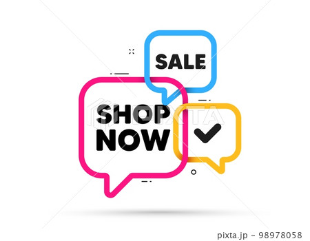Shop now tag. Ribbon bubble chat banner. Discount offer coupon. Special offer sign. Retail Advertising symbol. Shop now adhesive tag. Promo banner. Vector 98978058