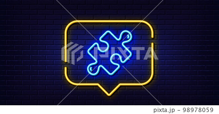 Neon light speech bubble. Puzzle line icon. Jigsaw piece sign. Business challenge symbol. Neon light background. Puzzle glow line. Brick wall banner. Vector 98978059