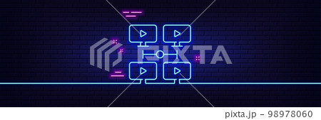 Neon light glow effect. Virtual conference line icon. Online training sign. Video team presentation symbol. 3d line neon glow icon. Brick wall banner. Video conference outline. Vector 98978060