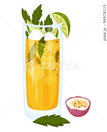 Passion Fruit Mojito tropical Cuban cocktail. Mojitos summer cocktail in glass with ice cubes, mint and lime. Vector illustration Latin American drink in cartoon style for design and decoration. Passion Fruit Mojito tropical Cuban cocktail. Mojitos summer cocktail in glass with ice cubes, mint and lime. Vector illustration Latin American drink in cartoon style for design and decoration. 98978113