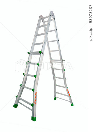 Aluminium stepladder isolated on white background. Portable ladder in a studio setting. An easy and reliable tool for performing installation work. Aluminium stepladder isolated on white background. Portable ladder in a studio setting. An easy and reliable tool for performing installation work. 98978237