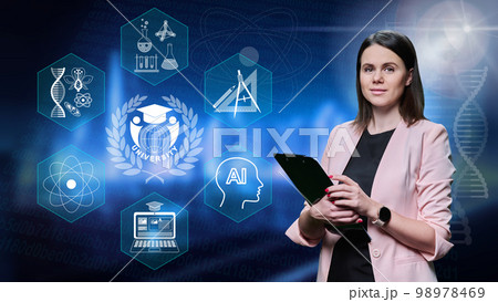 Portrait of confident female lawyer on background with artificial intelligence ship legal 98978469