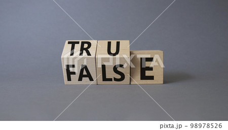 True vs False symbol. Wooden cubes with words False and True. Beautiful grey background. Business and True vs False concept. Copy space. 98978526