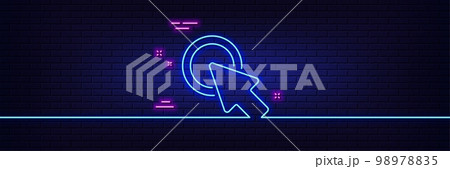 Neon light glow effect. Click here line icon. Push the button sign. Web cursor symbol. 3d line neon glow icon. Brick wall banner. Click here outline. Vector 98978835