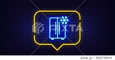 Neon light speech bubble. Two-chamber refrigerator line icon. Fridge with snowflake sign. Freezer storage symbol. Neon light background. Refrigerator glow line. Brick wall banner. Vector Neon light speech bubble. Two-chamber refrigerator line icon. Fridge with snowflake sign. Freezer storage symbol. Neon light background. Refrigerator glow line. Brick wall banner. Vector 98978844