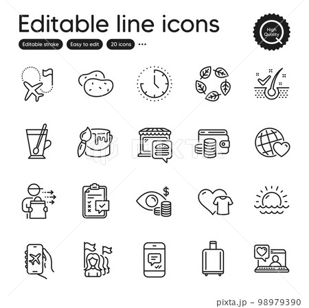 Set of Business outline icons. Contains icons as Organic tested, Food delivery and Destination flag elements. Brush, Potato, Time web signs. Flight mode, Feminism, Baggage reclaim elements. Vector 98979390