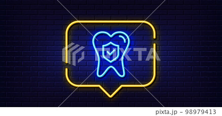 Neon light speech bubble. Dental insurance line icon. Oral medicine risk coverage sign. Teeth care symbol. Neon light background. Dental insurance glow line. Brick wall banner. Vector 98979413