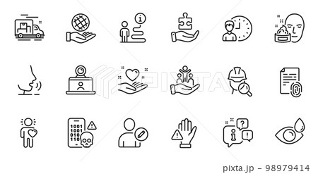 Outline set of Safe planet, Fingerprint and Edit user line icons for web application. Talk, information, delivery truck outline icon. Include Eye drops, Friend, Inclusion icons. Vector 98979414