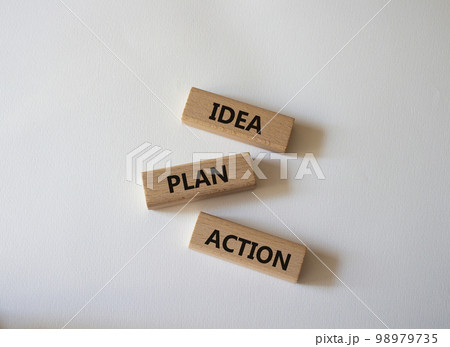 Idea Plan Action symbol. Wooden blocks with words Idea Plan Action. Beautiful white background. Business and Idea Plan Action concept. Copy space. 98979735