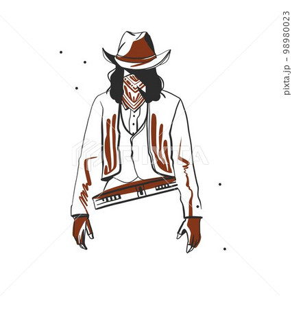 Hand drawn abstract vector graphic clipart illustration boho cowboy man composition portrait.Western design concept.Bohemian wild west contemporary art.American western logo.Cowboy modern design. 98980023