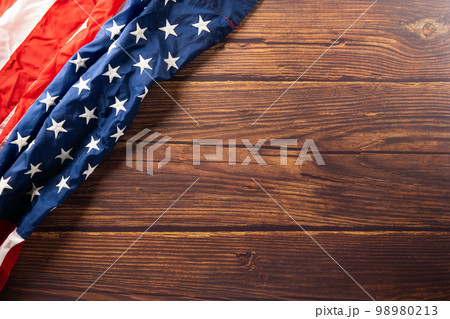 President's Day. flag of United States American with copy space, USA flag for Memorial day on abstract wooden background, Banner template design of presidents day concept 98980213