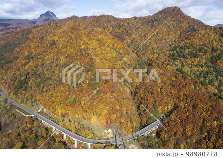 北海道 定山渓ダム周辺の紅葉（空撮） 98980718