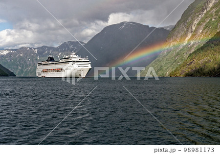 Rainbow over MSC Lirica Cruise ship in Norwegian Fjords - Hellesylt Rainbow over MSC Lirica Cruise ship in Norwegian Fjords - Hellesylt 98981173