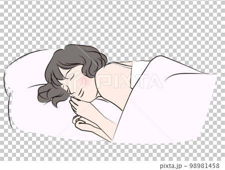 Illustration of a young Japanese woman sleeping soundly in bed, upper body, profile, sideways 98981458