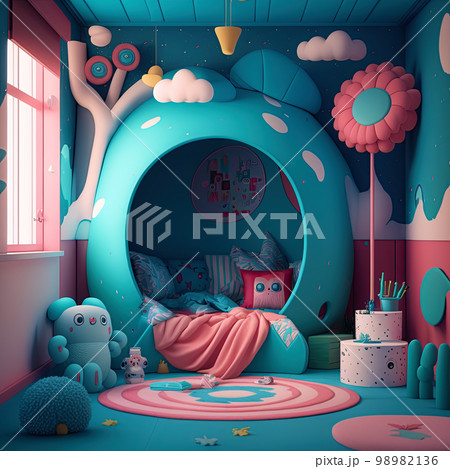 Cute surreal children's room. Colorful kids room Cute surreal children's room. Colorful kids room 98982136